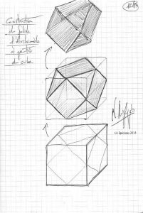 Construction du Solide d'Archimède à  partir du cube. (Dessin sur cahier).
