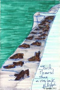 Jewish Memorial Shoes on river bank. (Dessin au feutre).