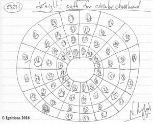 Knight's path for circular chessboard. (Dessin au feutre)