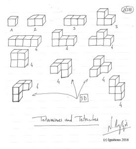 Tetrominoes and Tetracubes. (Dessin au feutre).