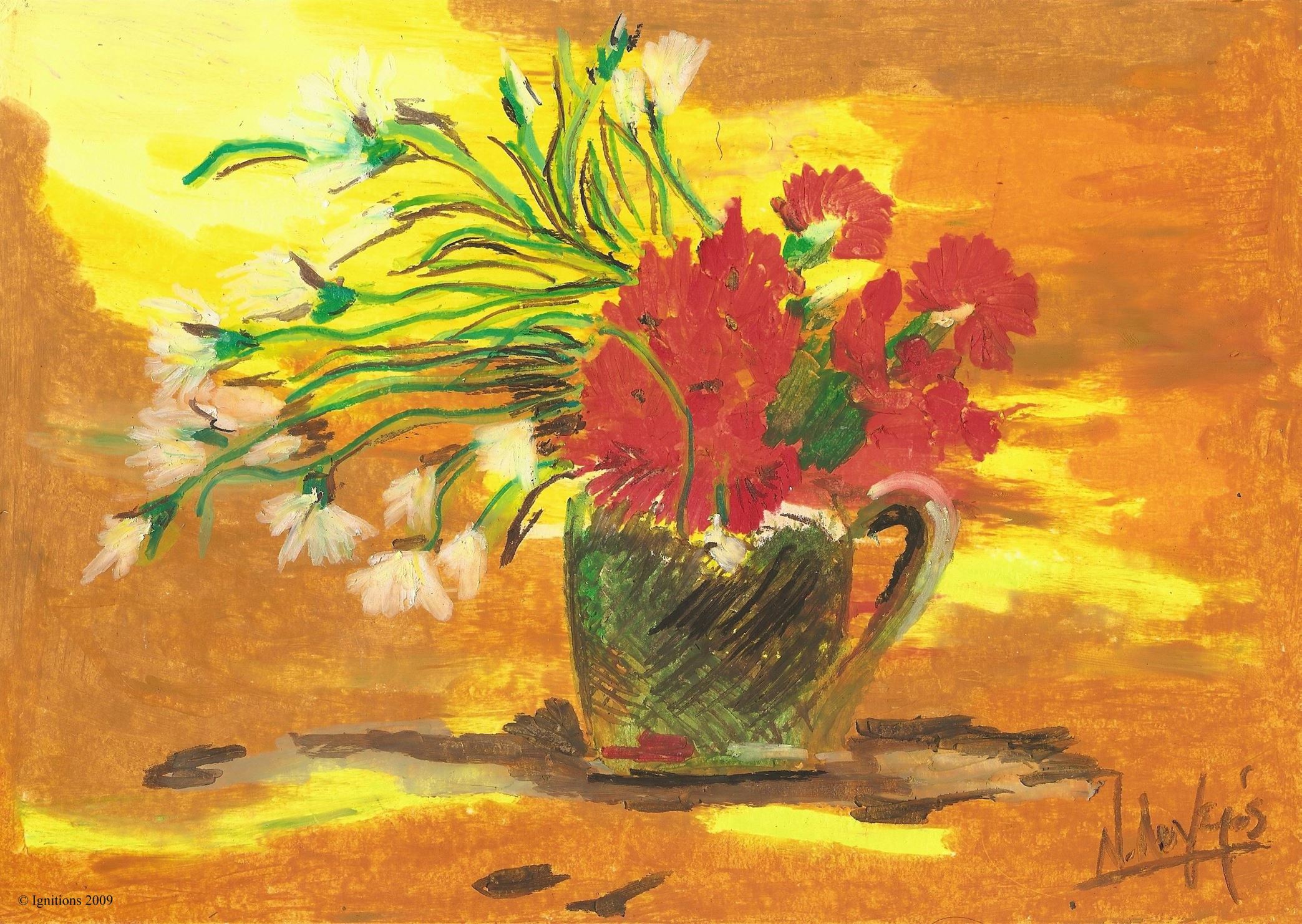 Vase avec oeillets rouges et blancs sur fond jaune de Vincent.