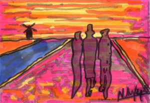 Trois personnes au bord du canal avec moulin de Vincent.