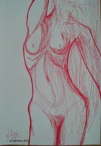Le buste de la femme. (Feutre rouge sur papier Ingres 29.7x42). Perfection 13 7 7/2012.