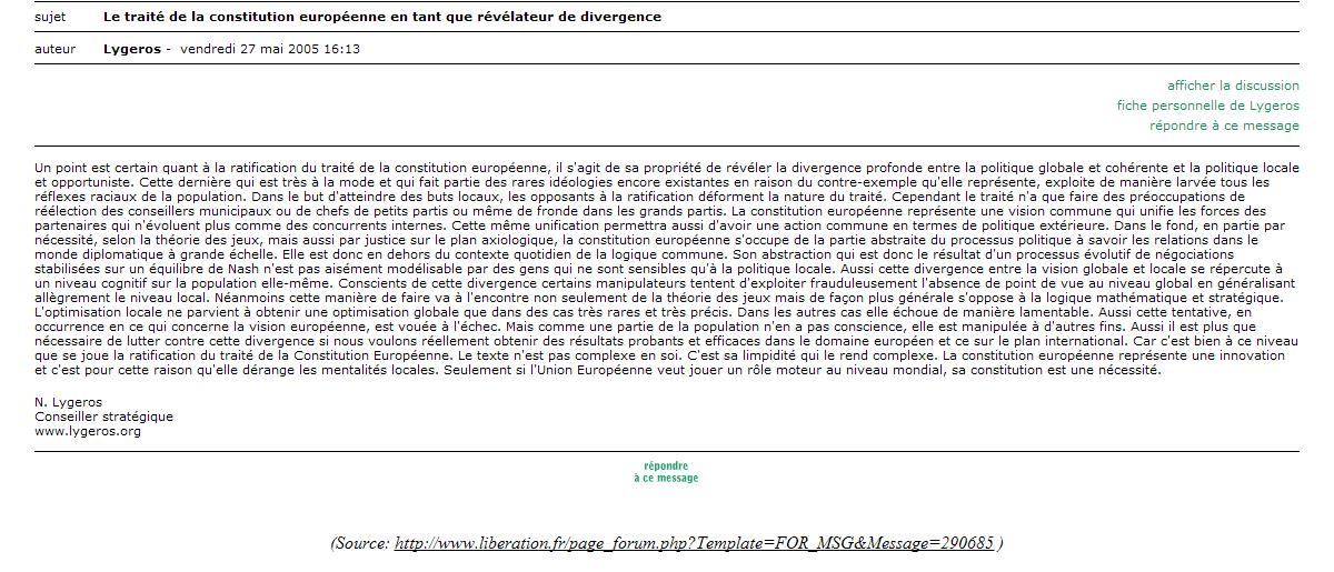 Le traité de la constitution européenne en tant que révélateur de divergence. Liberation.fr 27/05/2005.